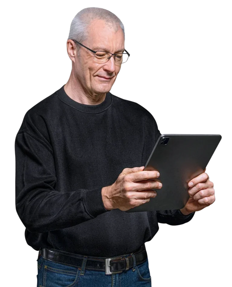 old man hold tablet