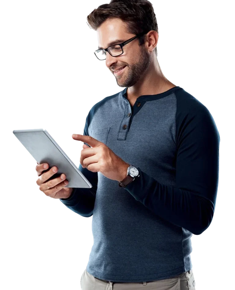 young man hold tablet